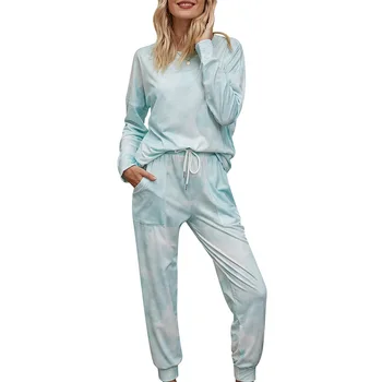 Moda outono e inverno gradiente de pijama tie-dye de manga comprida, calças de serviço local, de duas peças, venda quente