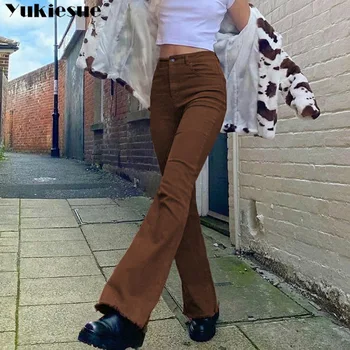 Streetwear cintura alta moda feminina browm jeans mulher de meninas mulheres flare pants calças femininas jean femme jeans bagge mãe jeans
