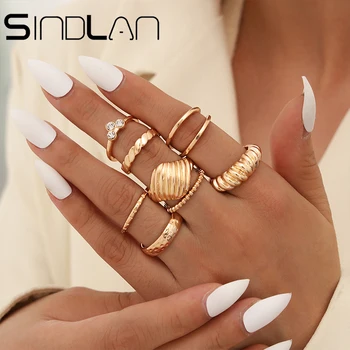 Sindlan 8Pcs Geométricas Textura de Ouro, Anéis de Dedo de Conjunto para as Mulheres Boho Cristal Oco da Moda Feminina Conjunta Acessórios de Jóias de Presente