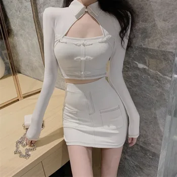 WOMENGAGA Branco Chinês Cheongsam Vintage Praça do Colar, T-Shirt de Verão Tops + Tricô Quente Sexy Mini Vestido Vestidos de Duas Peças H8