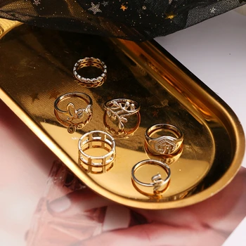 FAMSHIN 6pcs/set de Luxo Folha de Ouro um Anel de Cor Define Para as Mulheres, Homens carta de Amor Anéis Oco Geométricas Cobra Boêmio Presente da Jóia