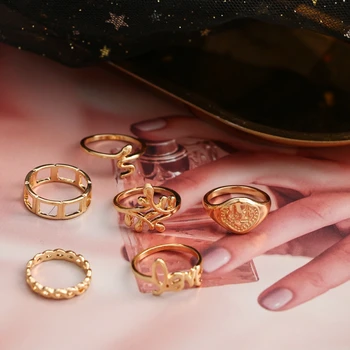 FAMSHIN 6pcs/set de Luxo Folha de Ouro um Anel de Cor Define Para as Mulheres, Homens carta de Amor Anéis Oco Geométricas Cobra Boêmio Presente da Jóia