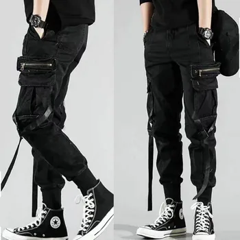 Os homens do Lado de Bolsos de Calças de Harém De 2021 Outono Hip Hop Casual Fitas de Design Masculino Corredores de Calças de Moda Streetwear Calça Preta