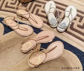 Senhoras casamento de praia sandália Diana cristal-embellished metalizado sandálias de couro com Fivela de fixação pulseira de tornozelo televisão flipflop sapatos