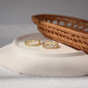 Delicada Jóia de Ouro 14K Plated Ajustável Anéis de Cristal, para Mulheres de Estilo Simples Onda de Anéis de Noivado Conjunto