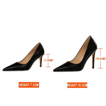 Faux Couro Sapatos de Mulheres Bombas de 7,5 cm de Altura Saltos de Sapatos de 2020 Novas Superficial Vestido Elegante de salto alto Frisados da Senhora Office Vestido Calçado