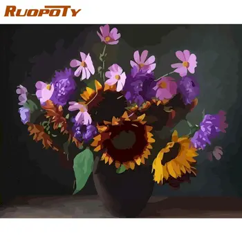 RUOPOTY Pintura Números de Kits Para Adultos Roxo Flor Em um Vaso de Óleo de Imagem Pelo Número pintado à mão 60x75cm Enquadrado Casa Arte de Parede