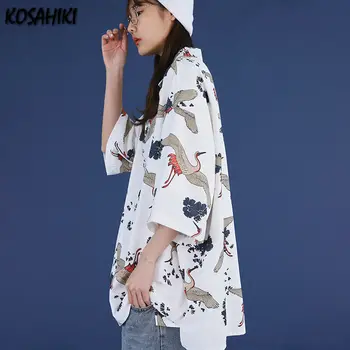 KOSAHIKI Blusas das Mulheres Camisa Guindaste Impresso Harajuku Blusa Estilo Vintage Blusas coreano Moda Verão Feminina Casual Blusas