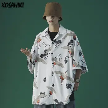 KOSAHIKI Blusas das Mulheres Camisa Guindaste Impresso Harajuku Blusa Estilo Vintage Blusas coreano Moda Verão Feminina Casual Blusas