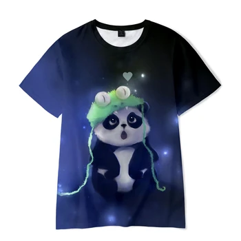 3D Panda Divertida T-shirt S-Camisa de Gola Moda Camisa de Manga Curta para Meninos e Meninas, Crianças de Rua Animal Roupas Casuais 4-14 Anos de Idade