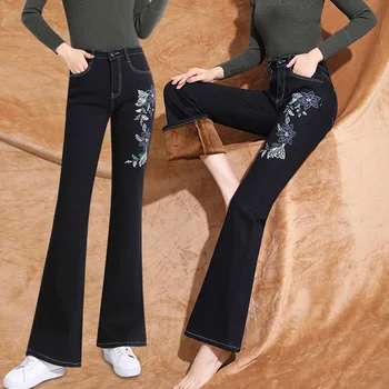 FERZIGE Calça Preta Casual, Além de Veludo Quente Grossas calças de Brim das Mulheres da Moda Bordado Stretch Jeans Slim Fit Calças Flare Pants Novo