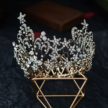Barroco Retro Bronze, Cristal Estrelas Rodada De Noiva Tiaras Preto Coroa De Strass Diadema Concurso De Cz Cabeça De Noiva E Acessórios Para O Cabelo