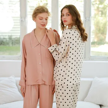 Moda De Bolinhas Viscose Pijama Conjuntos Para As Mulheres Primavera, Outono De Manga Longa Casuais, Pijamas Ternos Casa Desgaste
