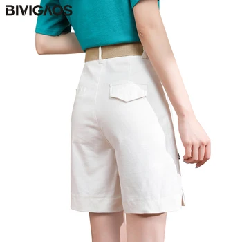 BIVIGAOS INS Maré Cinto de Carga Shorts Mulheres de Verão de Cintura Alta em linha Reta Cáqui Casual Curto Aventais de Folhas de Perna Larga Shorts 3 Cores
