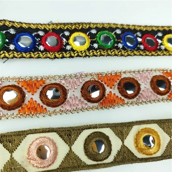 1 jarda Étnica Espelho Bordado Tecido 2 cm Indiano Guarnição DIY Artesanais de Costura Net Fios Fitas de Vestuário, Guarnição do Laço Decorativo