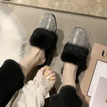 Mulheres Chinelos De Quarto Senhoras Dedo Do Pé Redondo Designer De Sapatos De Luxo 2021 Strass Pele De Cristal Chinelos De Quarto Diamante Flats Sapatos Zapatos De Mulher