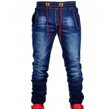 Homens Novos de Grande Tamanho Jeans Elasticize Cintura Gravata Slim Casual, Clássico Azul Cintura Trecho Acopláveis de Moda Simples Calças Jeans