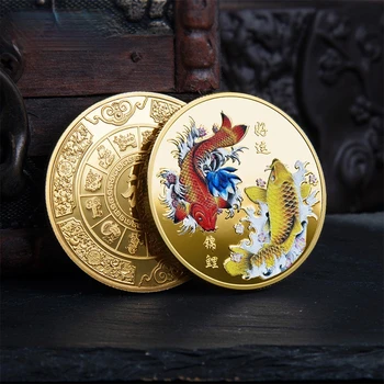 Chinês Fu Koi Moeda Comemorativa Boa Sorte Para Você Carpa Medalha de Ouro e Moeda de Prata em Relevo Ofício do Metal Emblema do Dom