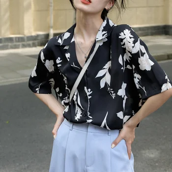 Camisas de Mulheres Botão de Verão de Manga Curta Perder Floral Vintage Casual Estilo coreano de Chiffon Feminino Confortável-correspondência de Harajuku