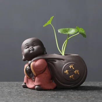 Cerâmica De Chá De Estimação Ornamentos Pequena Estátua De Buda Monge Estatueta De Trabalho Vaso De Flores Hidropônico De Plantas De Decoração De Chá De Acessórios