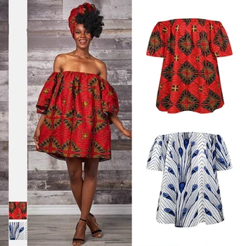Moda Africana Vestidos para Mulheres de Verão Inclinação Sexy Bazin Riche Senhoras de Tubo Superior do Vestido de Uma Palavra de Colarinho-se Dashiki, Impressão Africaine
