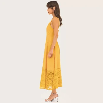 CINESSD 2019 Lace Vestido Longo Amarelo Alça de Verão Casual Swing Oco de Costura Envolto Doce Vestido de Cintura Alta Moda Vestido