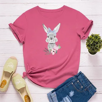 Coelho bonito Imprimir Camiseta para Mulheres de Verão Plus Size Mulheres Camisas Casuais S-Neck Manga Curta, Camisetas algodão cor-de-Rosa Tops de Roupas