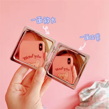 Meninas Cute Mini-Ins Espelho De Maquilhagem Coreano Kawaii Urso Dos Desenhos Animados Do Cão Dobrável Compacto Cosméticos Viagem De Bolso Portátil Espelhos