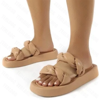 Moda Sandálias Mulheres PU Trançado Robusta Plataforma de Chinelos de Dedo do pé Aberto Senhoras Sapatos de Praia Casual Flip-Flops do sexo Feminino Slides Desiger