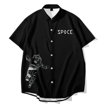 Preto Astronauta Impresso Camisa de Homens Harajuku Camisa de Manga Curta Tops de Turn-down de 