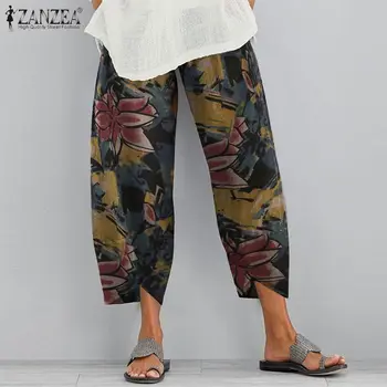 ZANZEA Mulheres de Verão Calças 2021 Vintage Floral Impresso Calças de Harém Casual Elástico na Cintura Solta Pantalon Palazzo Nabo Oversize