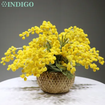 Amarelo Mimosa Arranjo de Flores Com a Cesta de Presente Buquê Artificial Mesa de Chá Bonsai Evento Central estofos - INDIGO