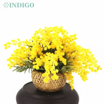 Amarelo Mimosa Arranjo de Flores Com a Cesta de Presente Buquê Artificial Mesa de Chá Bonsai Evento Central estofos - INDIGO