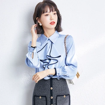 O Coreano Seda Mulheres Blusas Mulher Blusa De Cetim Senhora Do Escritório Vintage Camisas De Mulheres Arco Camisas, Tops Plus Size Mulher De Babados De Seda Da Blusa