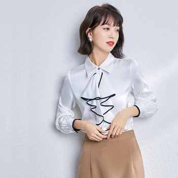 O Coreano Seda Mulheres Blusas Mulher Blusa De Cetim Senhora Do Escritório Vintage Camisas De Mulheres Arco Camisas, Tops Plus Size Mulher De Babados De Seda Da Blusa