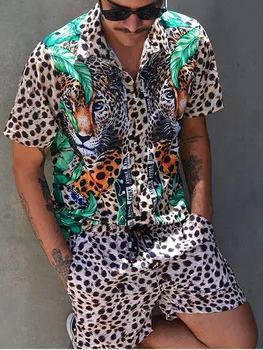 Verão Homens Conjuntos de Streetwear Leopard Impresso Lapela da Camisa de Manga Curta Calções de Praia Havaiana Homens Ternos 2 Peças INCERUN