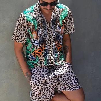 Verão Homens Conjuntos de Streetwear Leopard Impresso Lapela da Camisa de Manga Curta Calções de Praia Havaiana Homens Ternos 2 Peças INCERUN