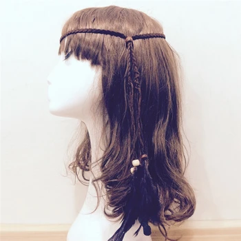 Bonito faixas na cabeça acessórios de praia boêmio de Esferas de penas headband trançado de cabelo para as mulheres garota hairband ornamentos