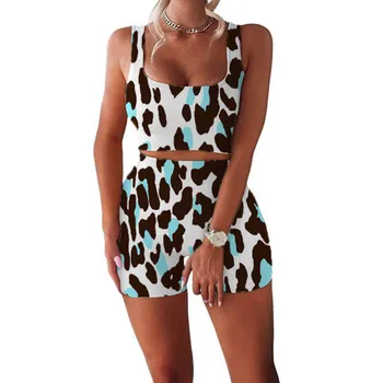 Mulheres com Roupas Sexy de Verão de Duas peças de Conjunto de agasalho Leopard Impressão Casual Veste Shorts de Esportes Terno Top+Cintura alta Botão Shorts R5
