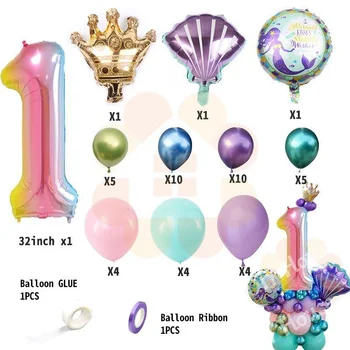 38pcs Sereia Torre de Balões, de arco-íris Número Digital da Folha de Balão Com Coroa Crianças Festa de Aniversário, Decoração de Aniversário de Suprimentos