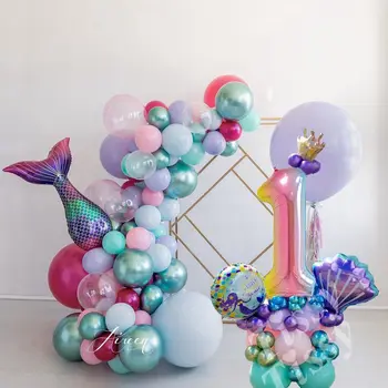 38pcs Sereia Torre de Balões, de arco-íris Número Digital da Folha de Balão Com Coroa Crianças Festa de Aniversário, Decoração de Aniversário de Suprimentos