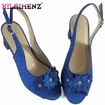 Mais recente Design italiano Azul Royal Baixa de Calcanhar Bombas de Sapatos Para o Casamento De 2020, Chegando Novos Elegante de Senhoras Sandálias com Flores Tamanho 38-43
