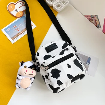 INS Moda, Mulher Vaca Imprimir Pequenos Crossbody Sacos de 2020 Multi-Bolsos Messenger Bag duplo Feminino de Lona, Saco de Ombro Diário Saco de Viagem
