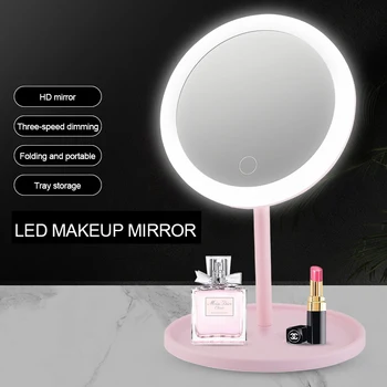 Diodo emissor de Luz do Espelho de Maquilhagem Armazenamento LED Rosto Espelho Toque Ajustável Dimmer Led USB Espelho de maquilhagem Tabela Secretária Espelho de maquilhagem