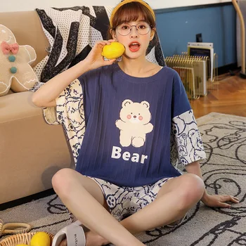 NIGHTWA Verão as Mulheres Pijama de Algodão coreano Lloose Manga Curta Pijama Casual Amarelo Homewear 2021 Cartoon Pequeno Urso Sleepwear