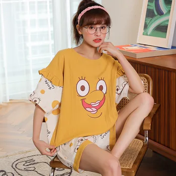 NIGHTWA Verão as Mulheres Pijama de Algodão coreano Lloose Manga Curta Pijama Casual Amarelo Homewear 2021 Cartoon Pequeno Urso Sleepwear