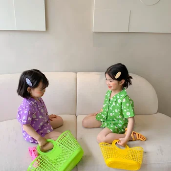 2021 Verão Novas Crianças acordo com Meninos e Meninas de Algodão de Manga Curta com Shorts Floral de Algodão, Terno de Crianças T-shirt da Moda Conjuntos