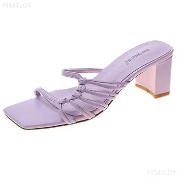 Mulheres Chinelos De Quarto Sexy Salto Alto Exterior Slides Verão Feminino Dedo Do Pé Quadrado Zapatillas De Casa 2021 Sapato Feminino
