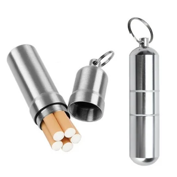 1pcs de Prata da Liga de Alumínio de Cigarro Caixa Impermeável Cigarro Caso Pílula Palito porta-Cápsula com Chaveiro Mens Presente