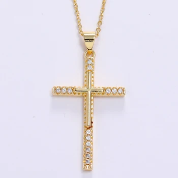 LUALA Gold Color CZ Cross Pendant Chain Necklace For Women And Girl, Brilhante Cúbica Classic Religious Jóia No Fade